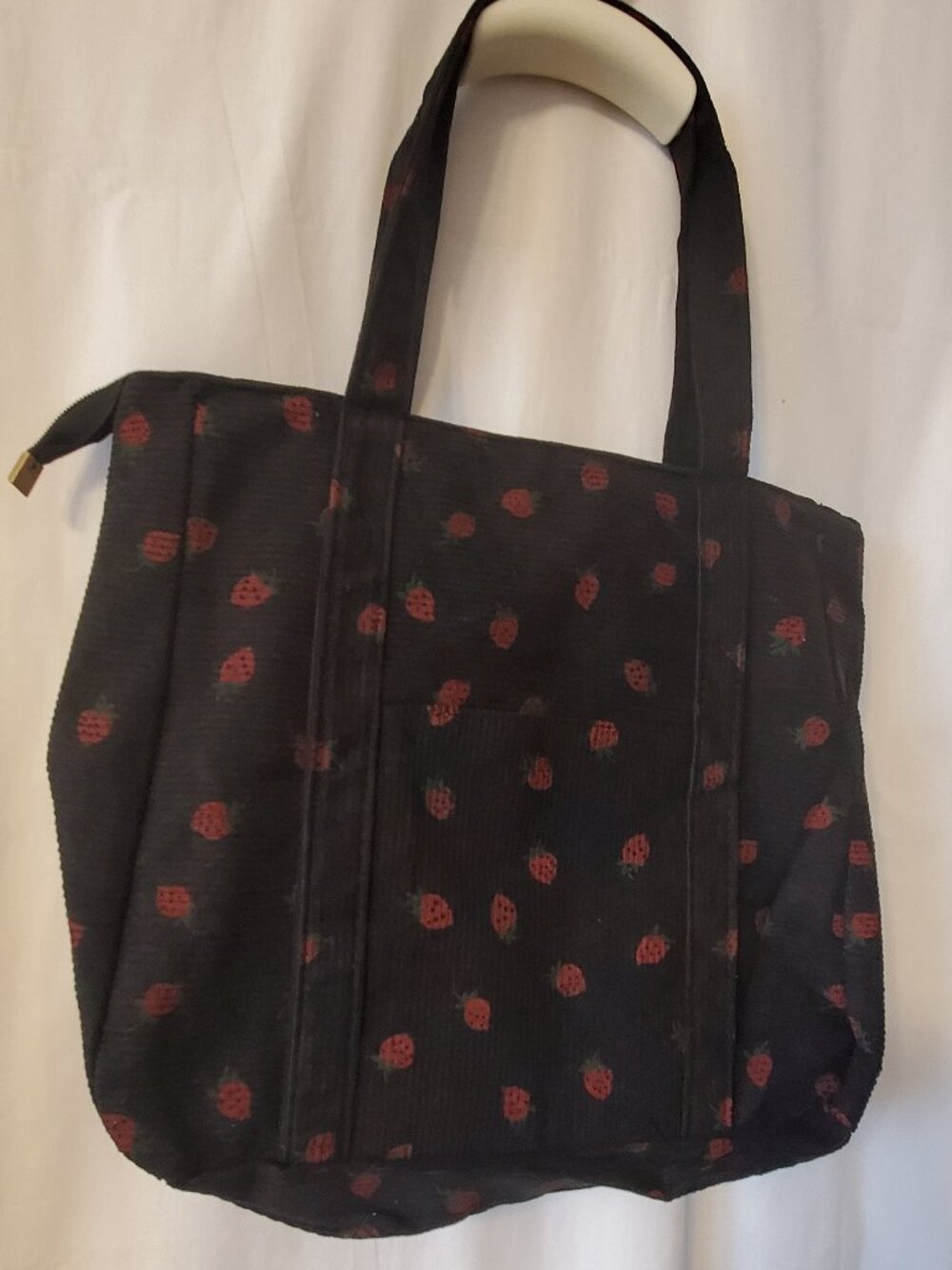 Strawberry Tote Corduroy zip top tote w / outside pocket Color: black BRAND NEW!